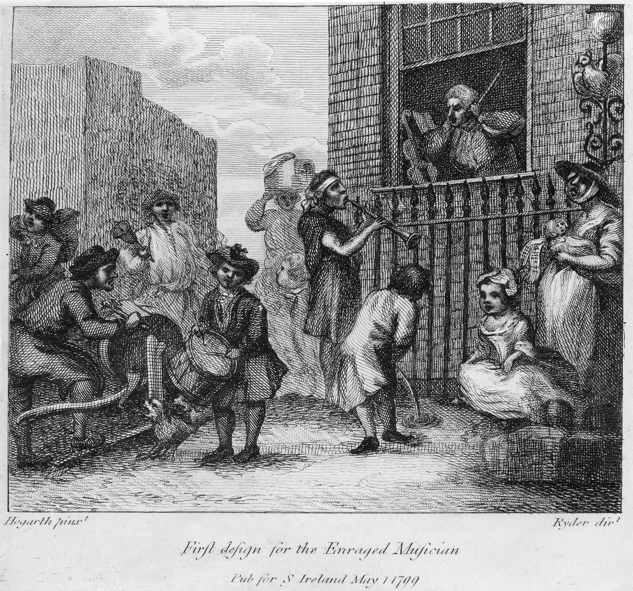 Ensimmäinen suunnittelu raivostuneelle muusikolle, 1799 tekijältä William Hogarth