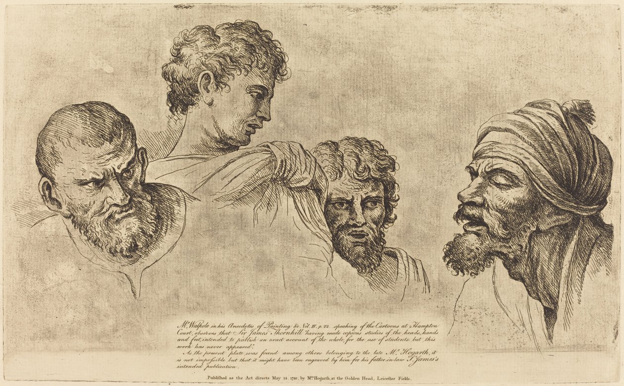 Neljä päätä Raphael Cartoonsista Hampton Courtissa tekijältä William Hogarth