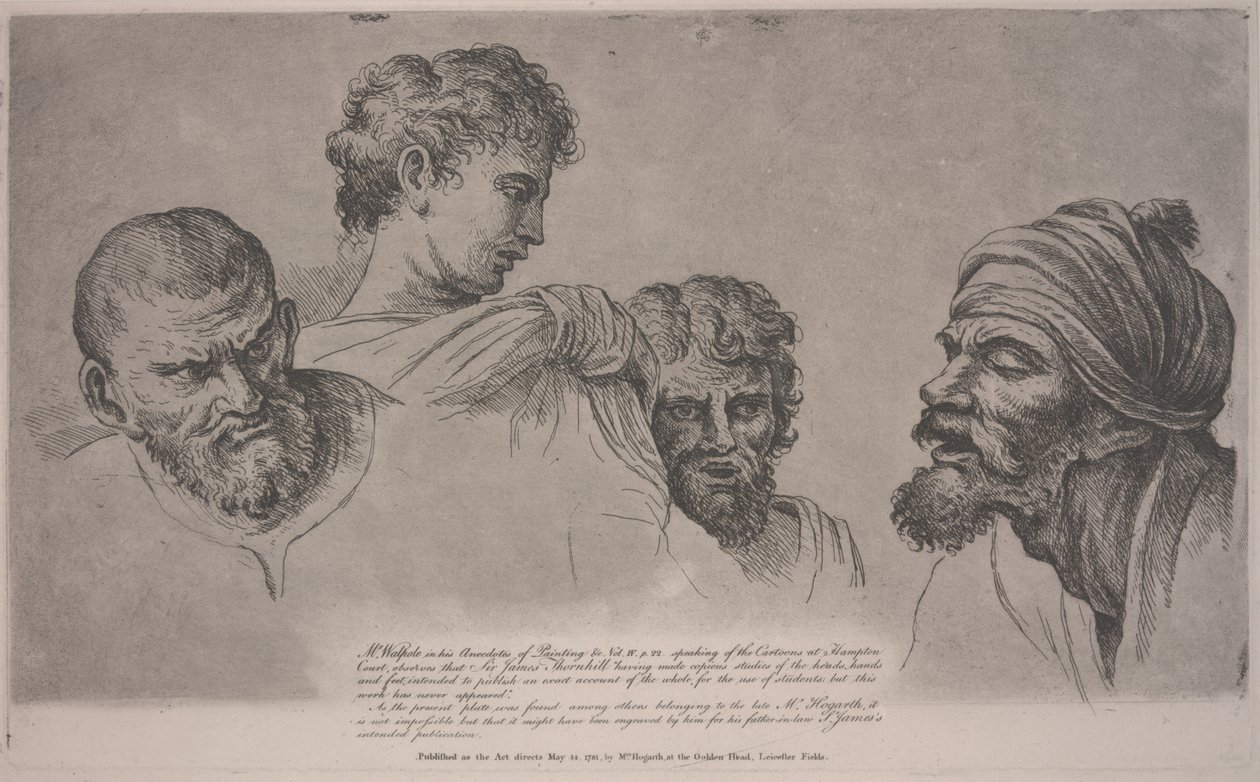 Four Heads from the Raphael Cartoons Hampton Courtissa, n. 1729 (etsaus) tekijältä William Hogarth