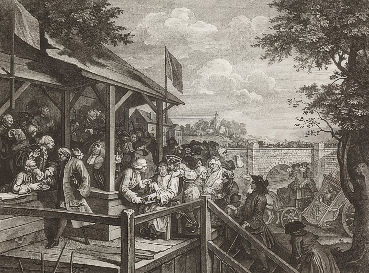 Neljä printtiä vaaleista / Yleisvaalit. Arkki 3: Äänestys / Äänestys. 1758 tekijältä William Hogarth