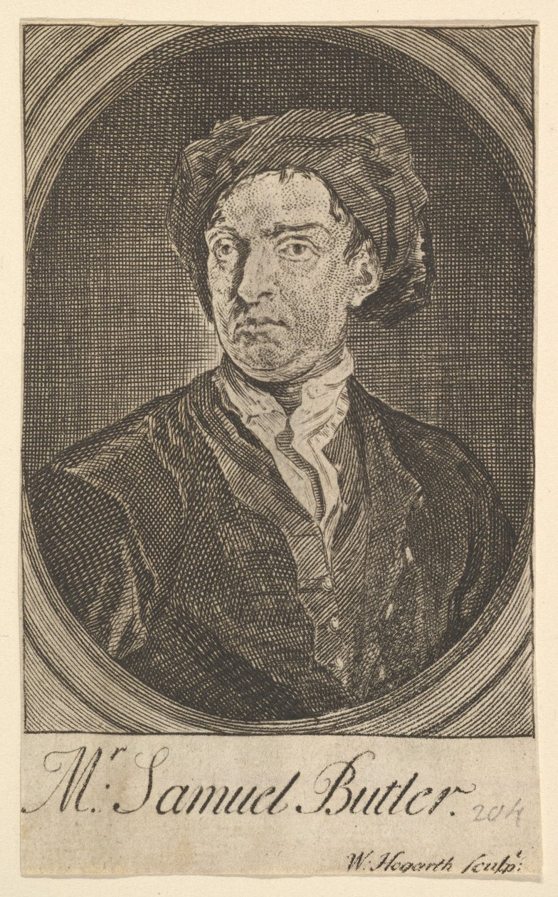 Etukappaleen muotokuva Seitsemäntoista pientä kuvitusta Samuel Butlers Hudibrasille, huhtikuu 1726. tekijältä William Hogarth