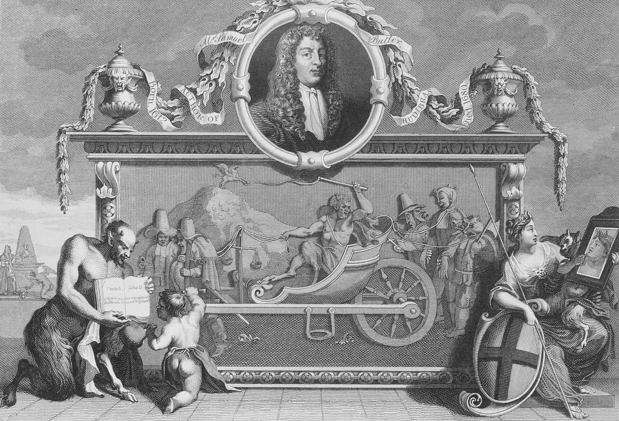 "Hudibrasin" etukappale, mukaan lukien Samuel Butlerin muotokuva, Cosmo Armstrongin kaivertama tekijältä William Hogarth