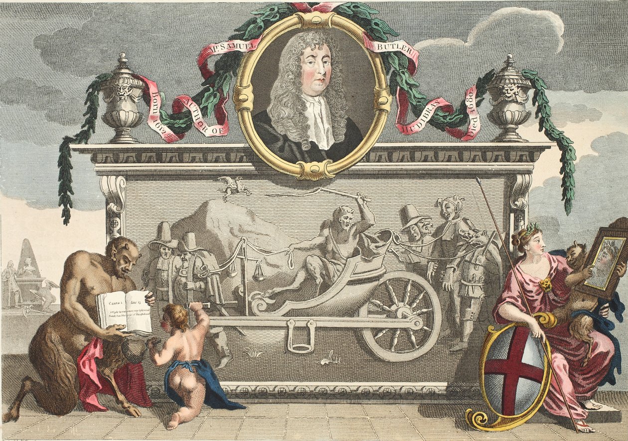 Hudibrasin etukappale, mukaan lukien Samuel Butlerin muotokuva, kuvitus teoksesta "Hogarth Restored: The Whole Works of the kuuluisan William Hogarthin, uudelleenkaiverrettu Thomas Cook", pub. 1812 (käsi- tekijältä William Hogarth