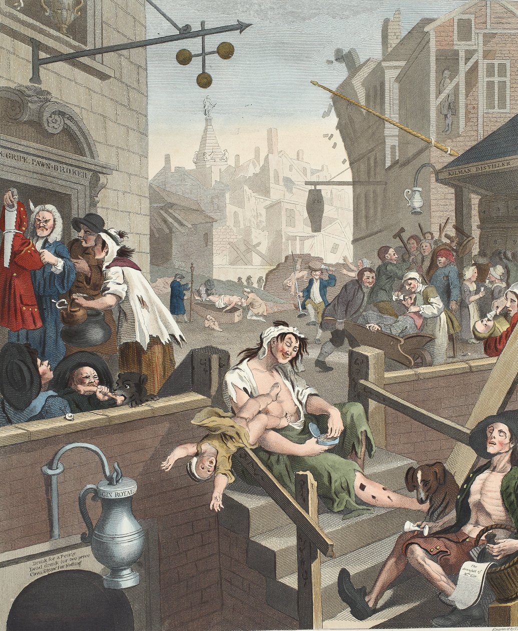 Gin Lane, kuvitus teoksesta "Hogarth Restored: The Whole Works of kuuluisan William Hogarthin, uudelleenkaiverrettu Thomas Cook", pub. 1812 (käsinvärinen kaiverrus) tekijältä William Hogarth
