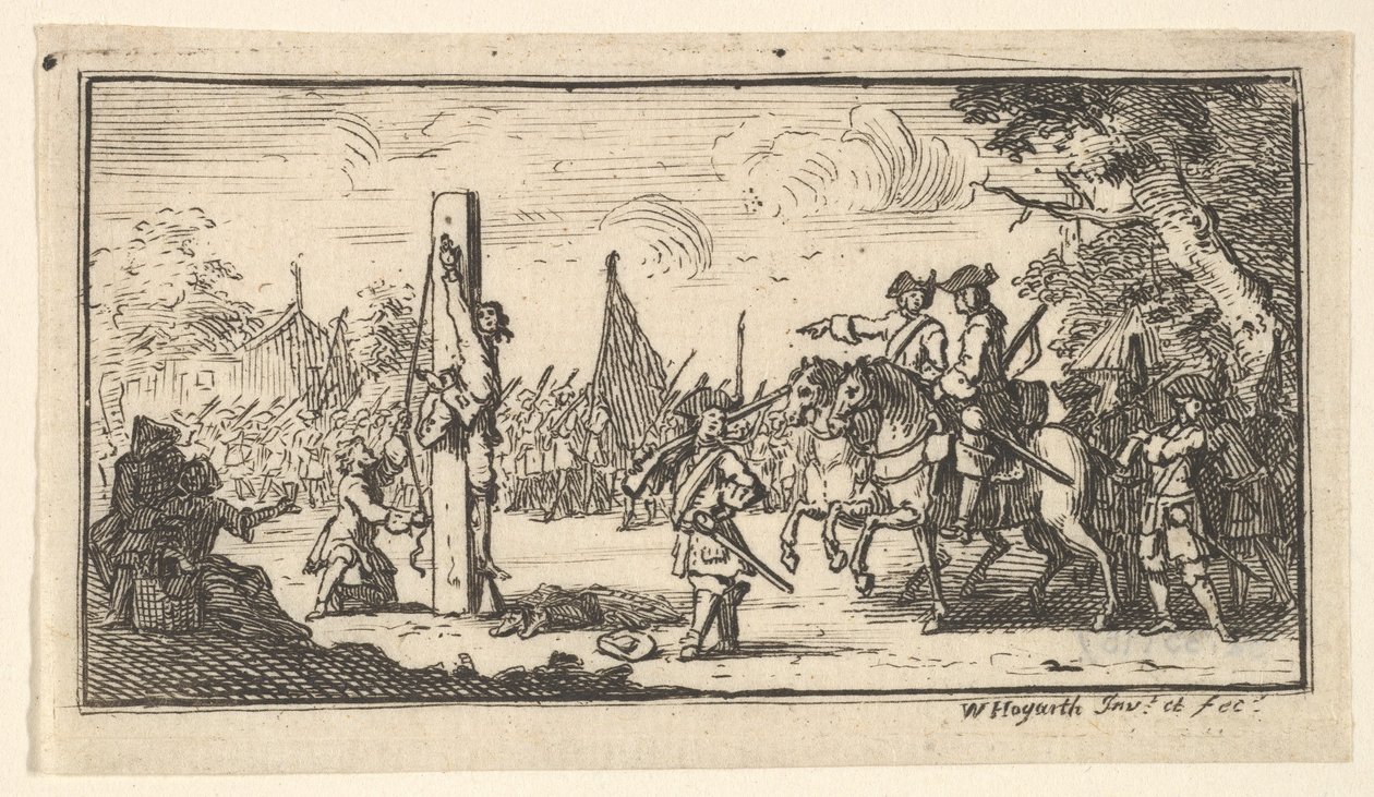 Riippuen peukaloista Nykyaikaiset sotilaalliset rangaistukset, vuoden 1725 jälkeen. tekijältä William Hogarth
