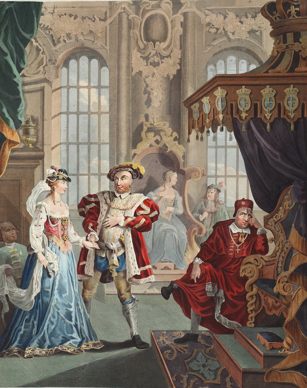 Henry VIII ja Anne Boleyn, kuvitus teoksesta "Hogarth Restored: The Whole Works of kuuluisan William Hogarthin, uudelleenkaiverrettu Thomas Cook", pub. 1812 (käsinvärinen kaiverrus) tekijältä William Hogarth