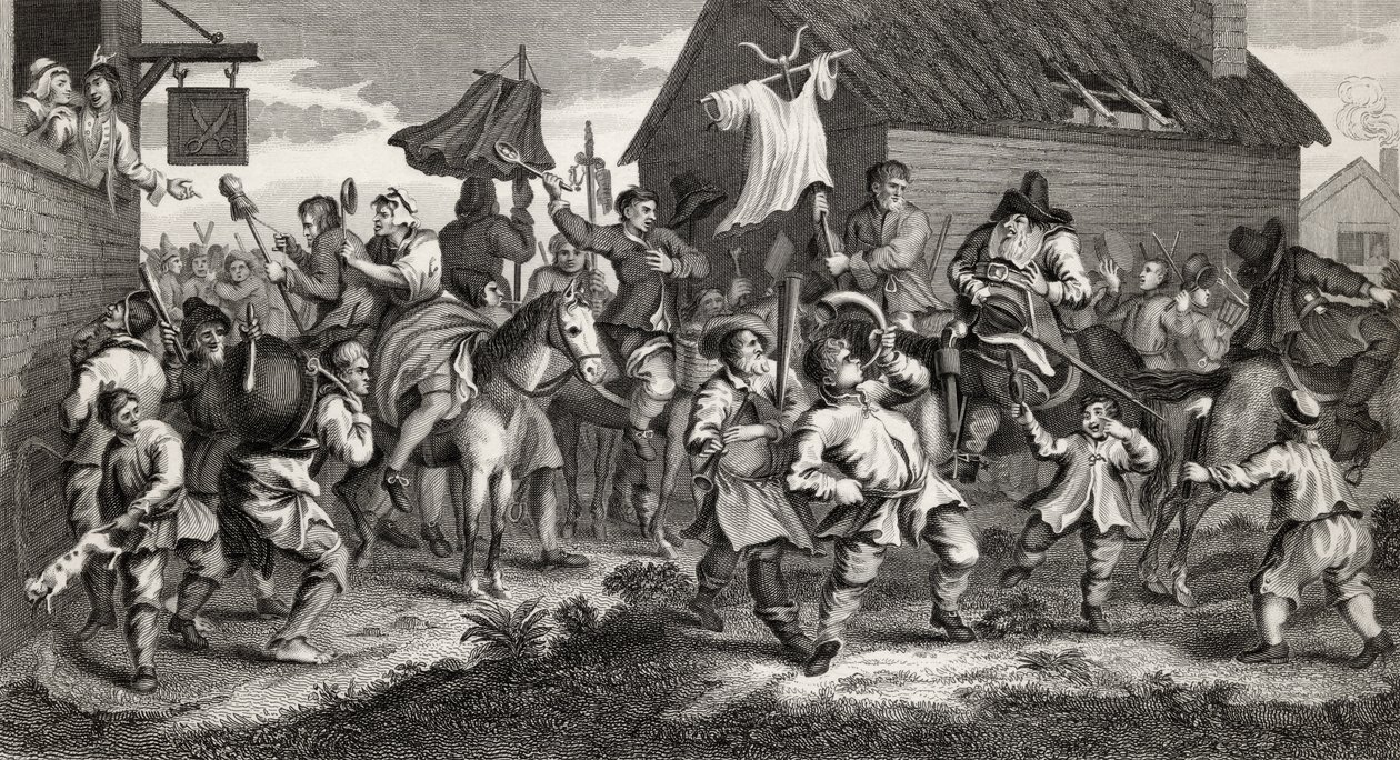 Hudibras kohtaa Skimingtonin, kaivertanut T.E. Nicholson, "Hudibras", Samuel Butler (1612-80) teoksesta "The Works of Hogarth", julkaistu 1833 tekijältä William Hogarth