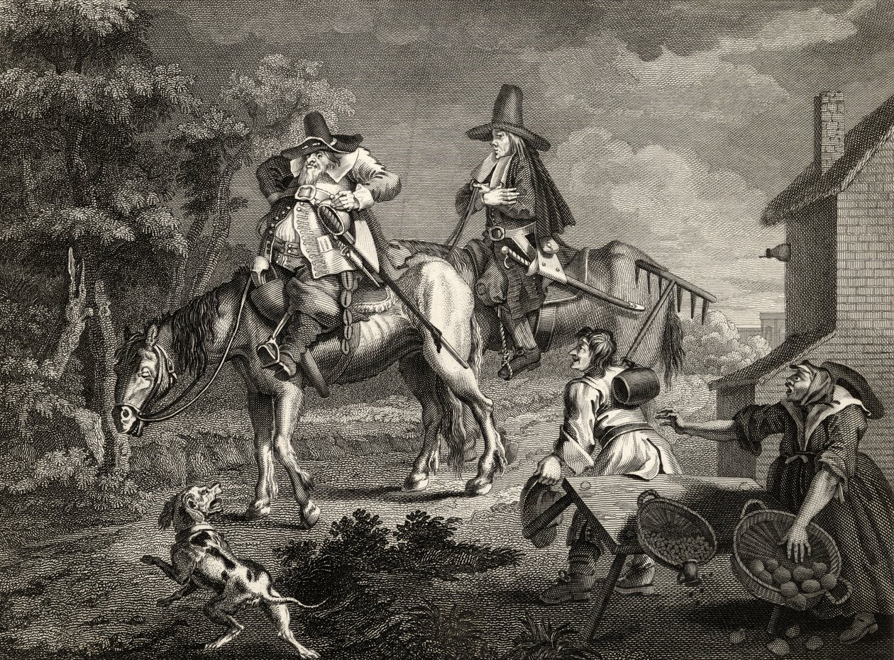 Hudibras Sallies Forth, Samuel Butlerin (1612-80) "Hudibrasista", C. Armstrongin kaivertama, William Hogarthin teoksista, julkaistu 1833 tekijältä William Hogarth