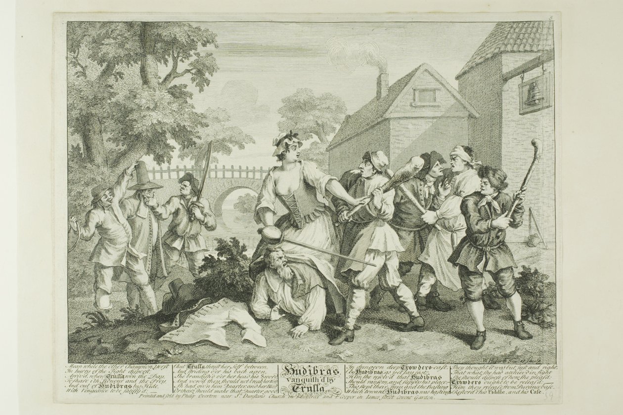 Hudibras Vanquished by Trulla, levy viisi Hudibrasin kirjasta Hudibras tekijältä William Hogarth