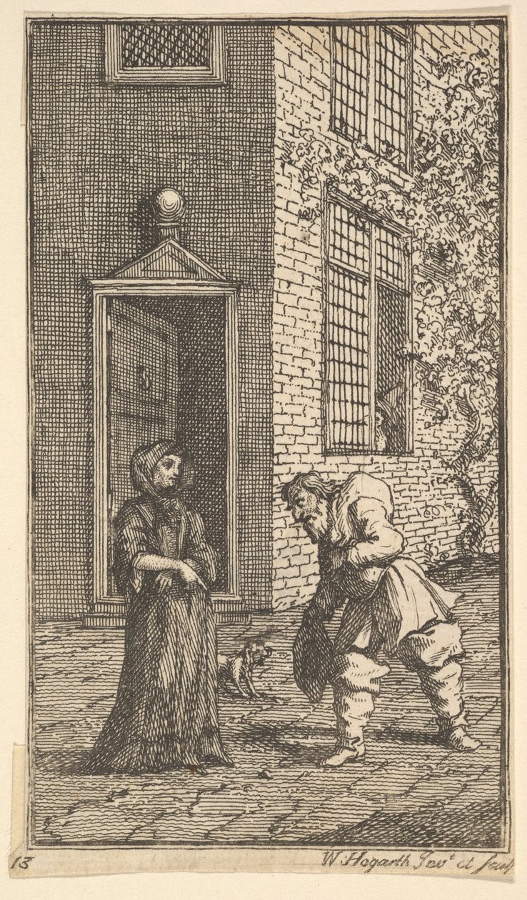 Hudibras kosimassa leskeä Seitsemäntoista pientä kuvitusta Samuel Butlersille Hudibras..., 1721-26. tekijältä William Hogarth