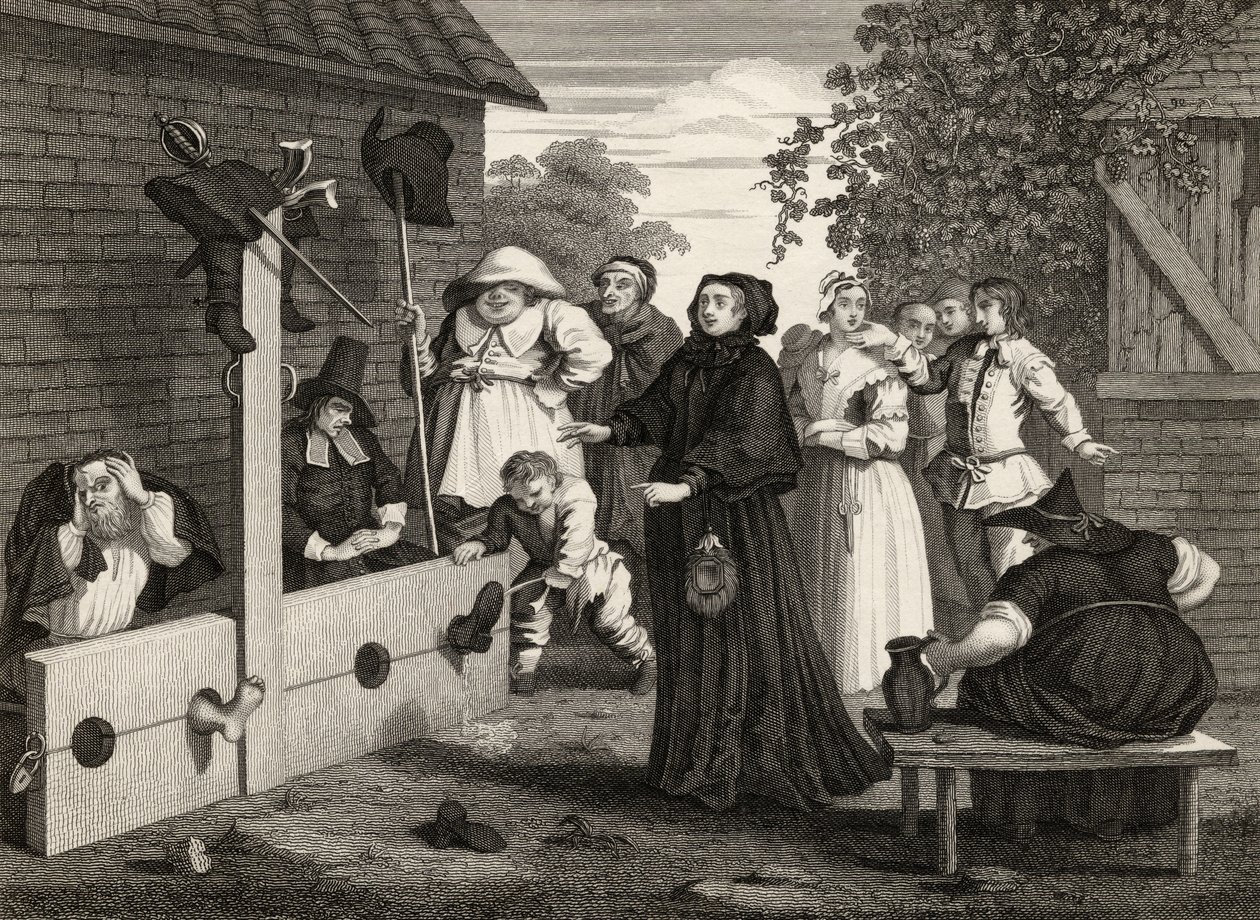 Hudibras ja Ralpho varastoissa, Samuel Butlerin (1612-80) "Hudibrasista", J. Romneyn kaiverrettu, William Hogarthin teoksista, julkaistu 1833 tekijältä William Hogarth