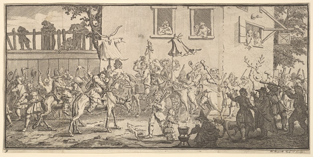 Hudibras ja Skimmington Seventeen Small Illustrations Samuel Butlerin Hudibras..., 1721-26. tekijältä William Hogarth