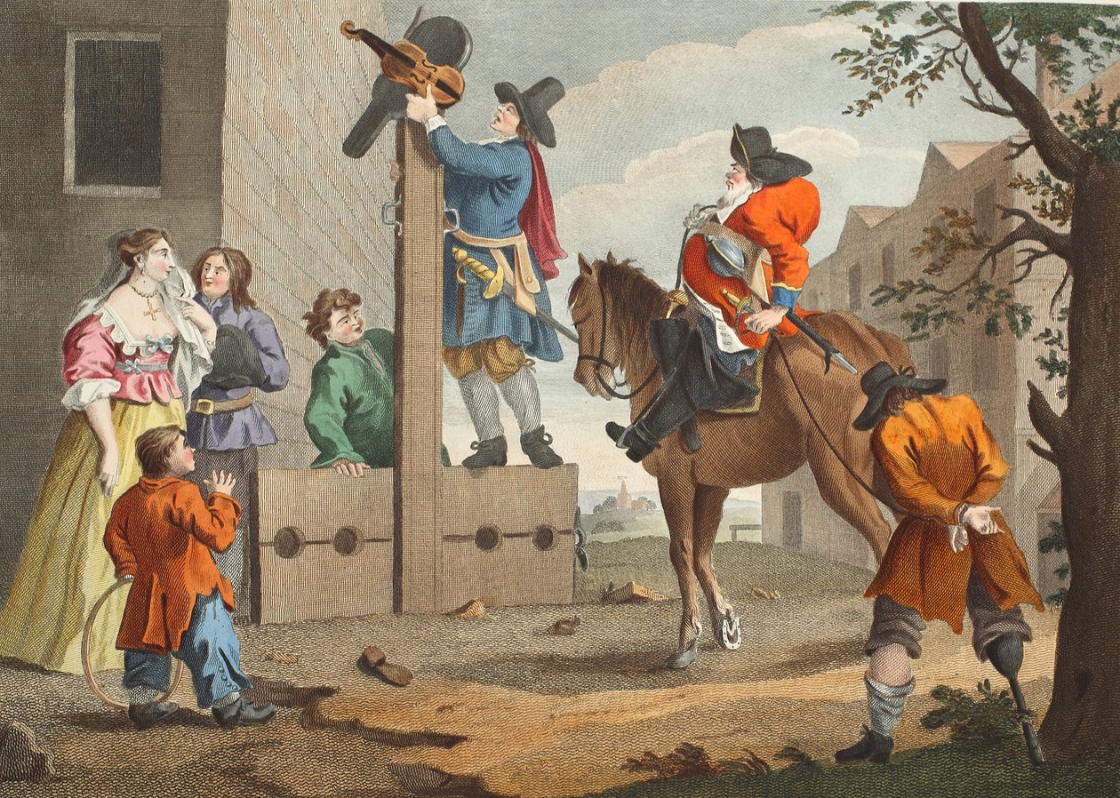 Hudibras johtaa Crowderoa Triumphissa, Samuel Butlerin (1612–1680) Hudibrasista, kuvitus teoksesta "Hogarth Restored: The Whole Works of the kuuluisan William Hogarthin, uudelleenkaiverrettu Thomas Cook", pub. 1812 (käsinvärinen kaiverrus) tekijältä William Hogarth