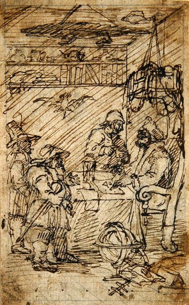 Hudibras vierailee Sidrophelissa (kynä ja ruskea muste kynän päällä paperilla) tekijältä William Hogarth