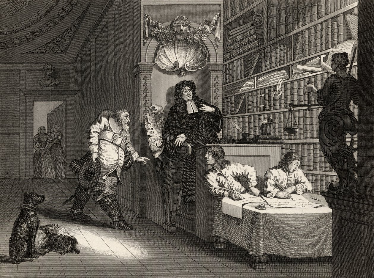 Hudibras asianajajan kanssa, Samuel Butlerin (1612-80) "Hudibrasista", George Presburyn kaivertama, William Hogarthin teoksista, julkaistu 1833 tekijältä William Hogarth