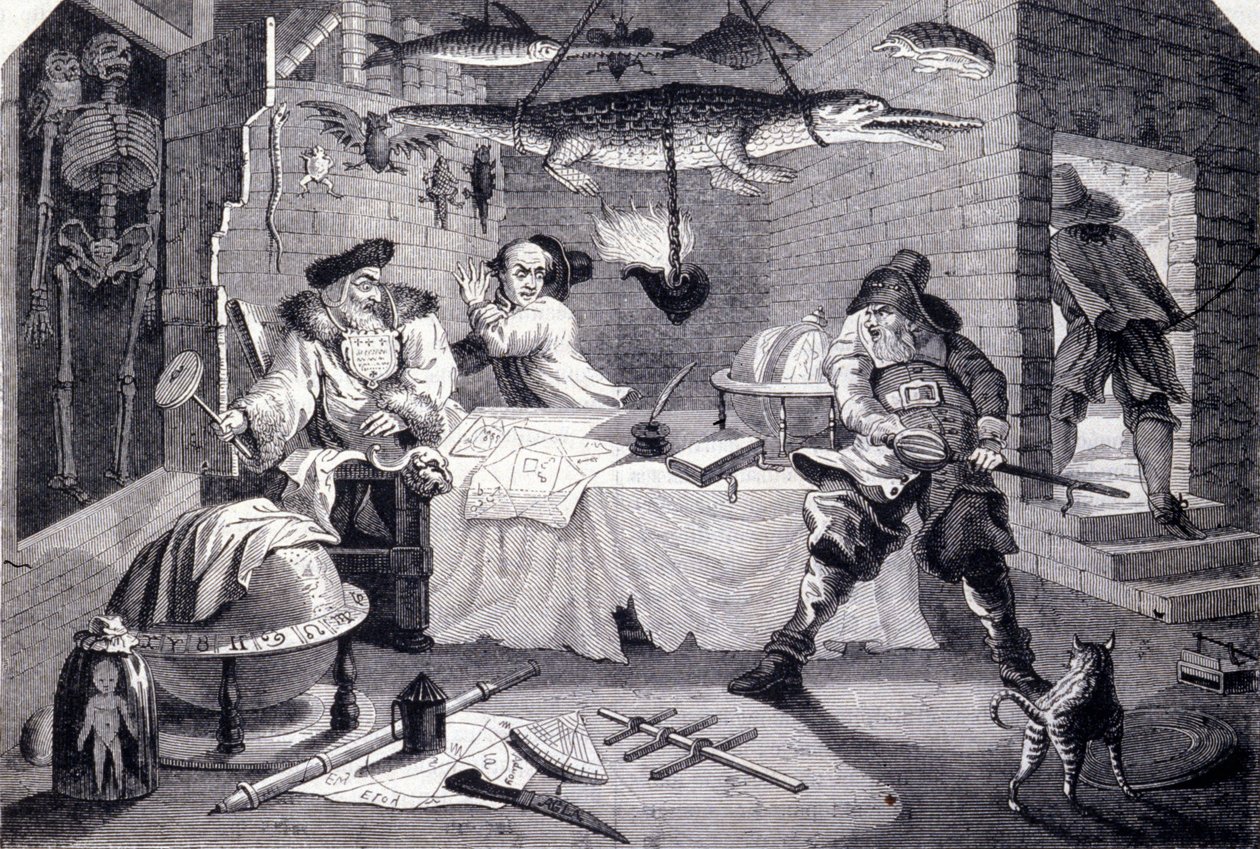 Hudribas hyökkää astrologi Sidrophelin ja hänen palvelijansa Whacumin kimppuun. William Hogarthin (1697-1764) kaiverrus Samuel Butlerin (1600-luku) runoon "Hubridas". Noin 1725 tekijältä William Hogarth
