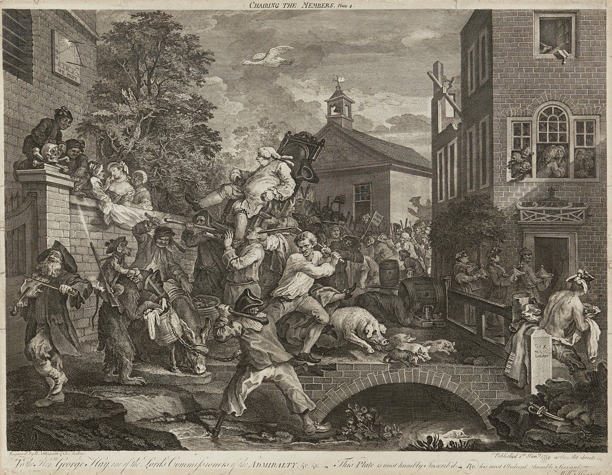 Huumoria vaaleista (neljän setti) (kaiverrus) tekijältä William Hogarth