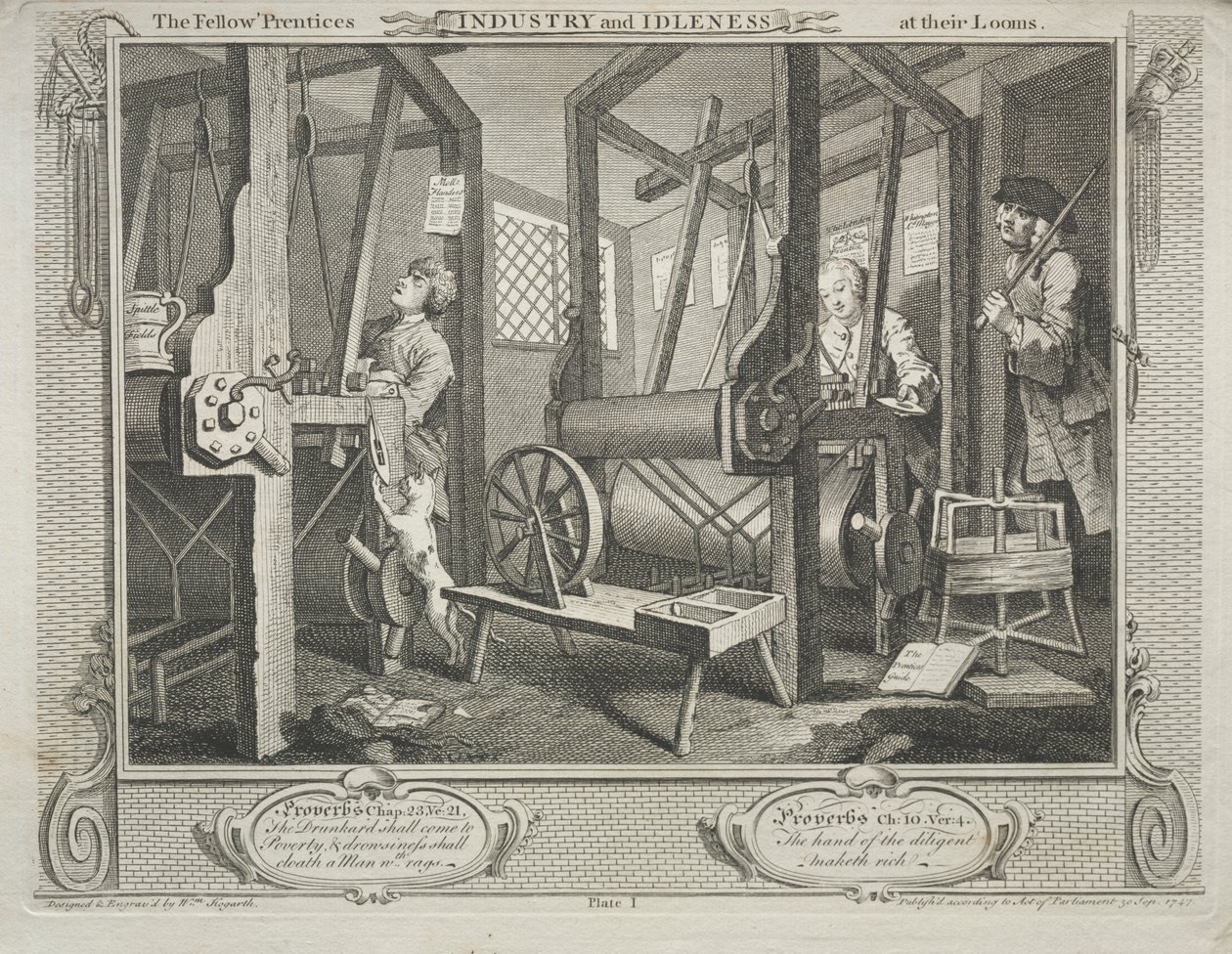Teollisuus ja joutilaisuus: The Fellow Prentices kutomakoneissaan tekijältä William Hogarth