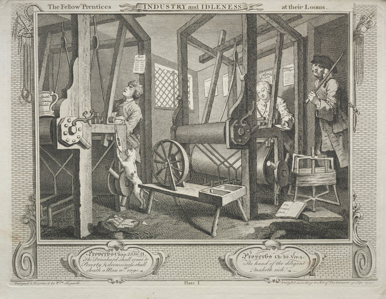 Teollisuus ja joutilaisuus: The Fellow Prentices at their Loooms, 1747. tekijältä William Hogarth