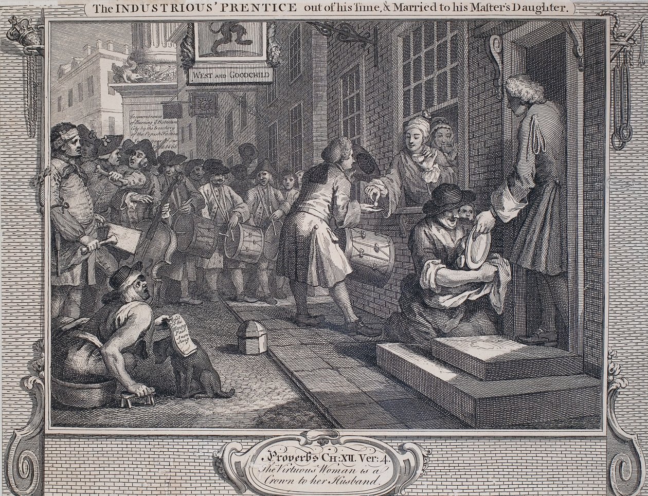 Teollisuus ja joutilaisuus: Prentice Married (viivakaiverrus paperille). tekijältä William Hogarth