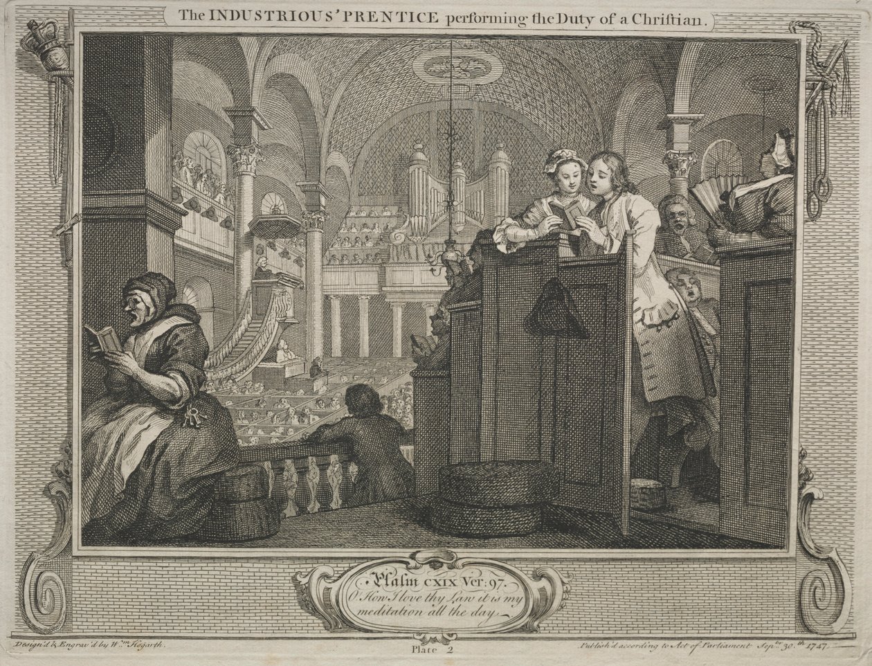 Teollisuus ja joutilaisuus: Ahkera prentice suorittamassa kristityn velvollisuutta, 1747. tekijältä William Hogarth