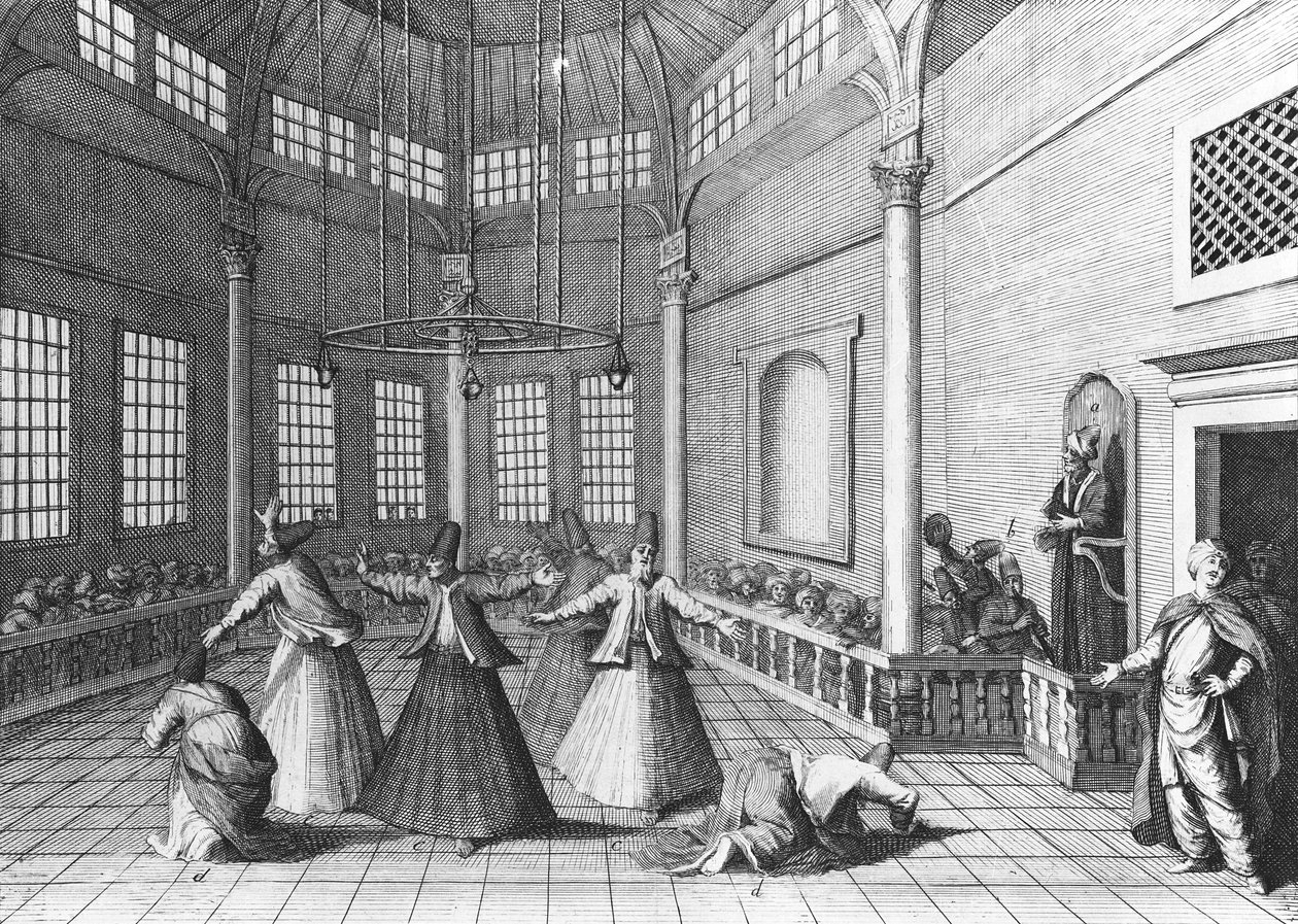Turkkilaisen moskeijan sisällä, kuvitus Aubry de la Mottrayen teoksesta "Matkat läpi Euroopan, Aasian ja osaan Afrikkaa", julkaistu 1723 tekijältä William Hogarth