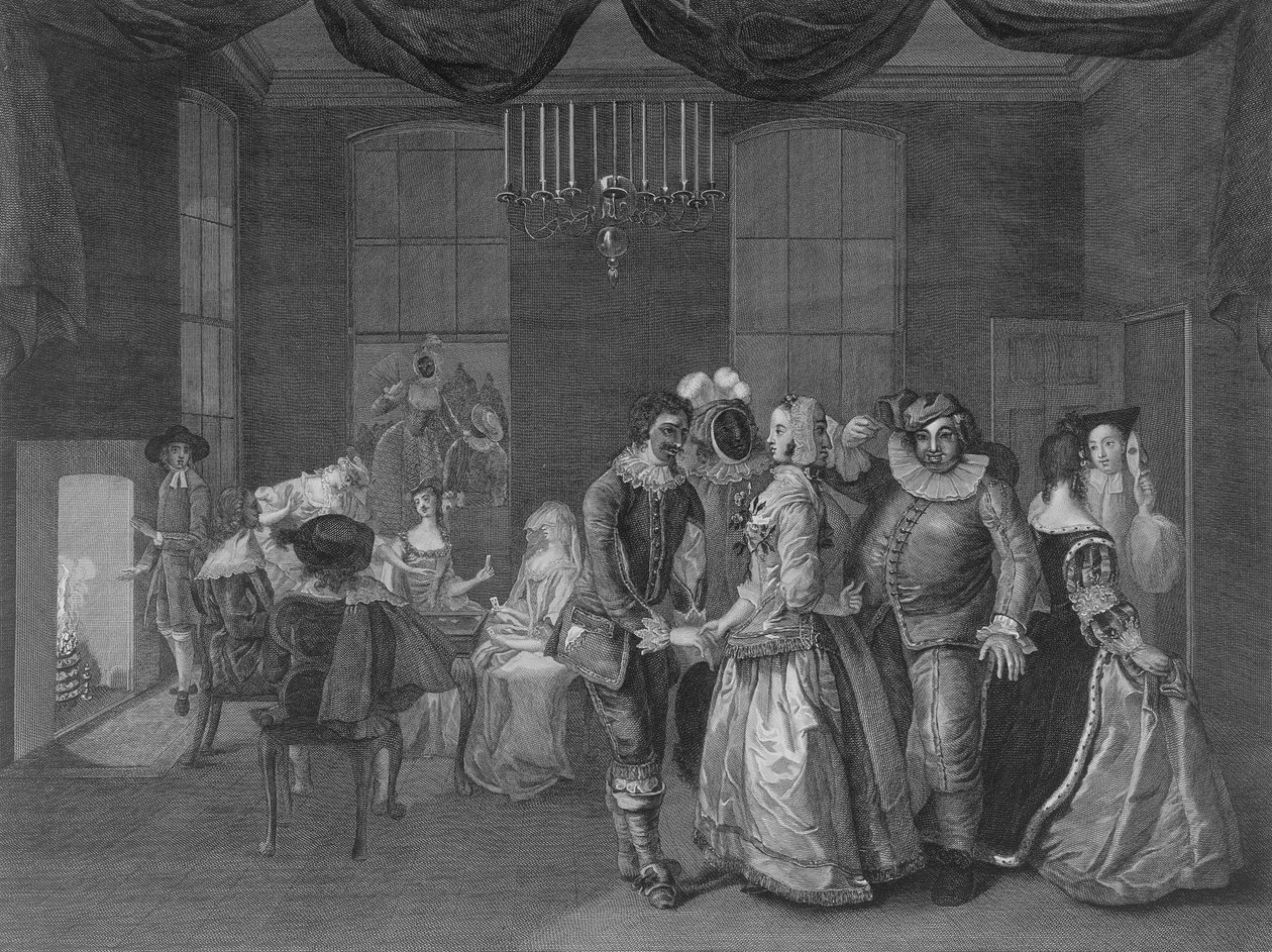 Somerset Housen sisäkuva naamiaisiin pukeutuneita hahmoja, 1805 tekijältä William Hogarth