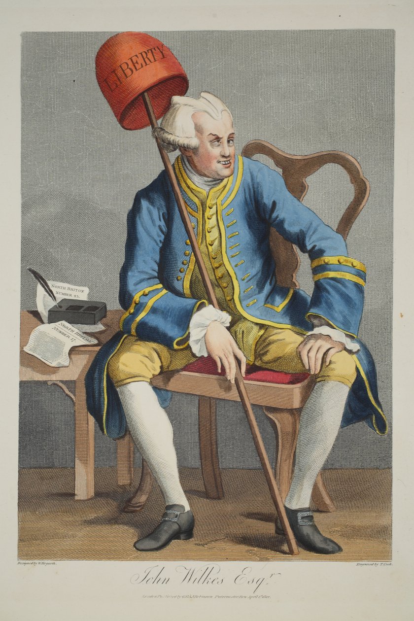 John Wilkes Esq., kuvitus teoksesta "Hogarth Restored: The Whole Works of the Familled William Hogarth, re-engraved by Thomas Cook", pub. 1812 (käsin väritetty kaiverrus). tekijältä William Hogarth
