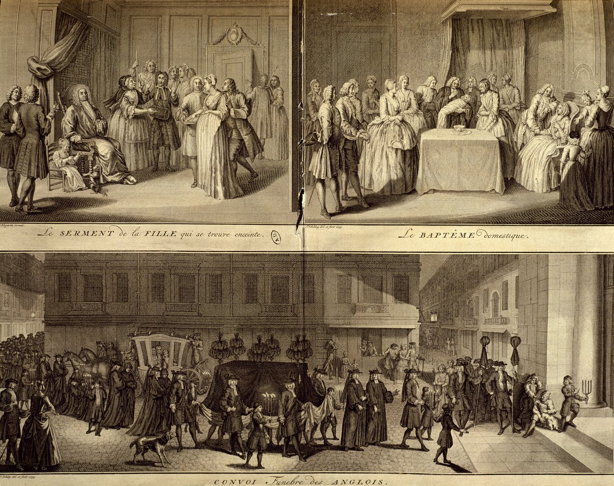 Nuoren raskaana olevan naisen tuomio, kaste ja hautajaiset tekijältä William Hogarth