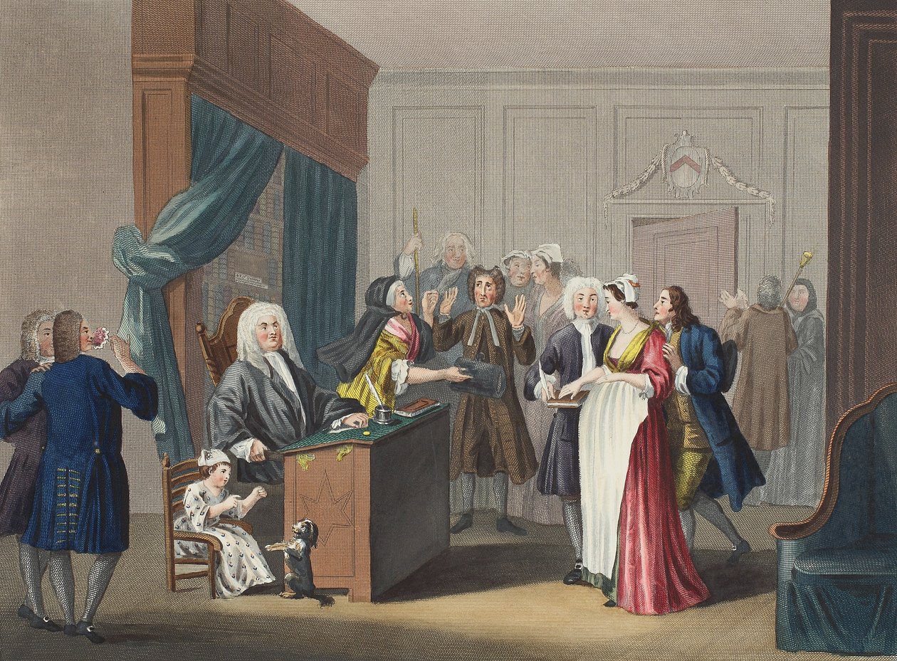 Oikeus voittaa, kuvitus teoksesta "Hogarth Restored: The Whole Works of kuuluisan William Hogarthin, uudelleenkaiverrettu Thomas Cook", pub. 1812 (käsinvärinen kaiverrus) tekijältä William Hogarth
