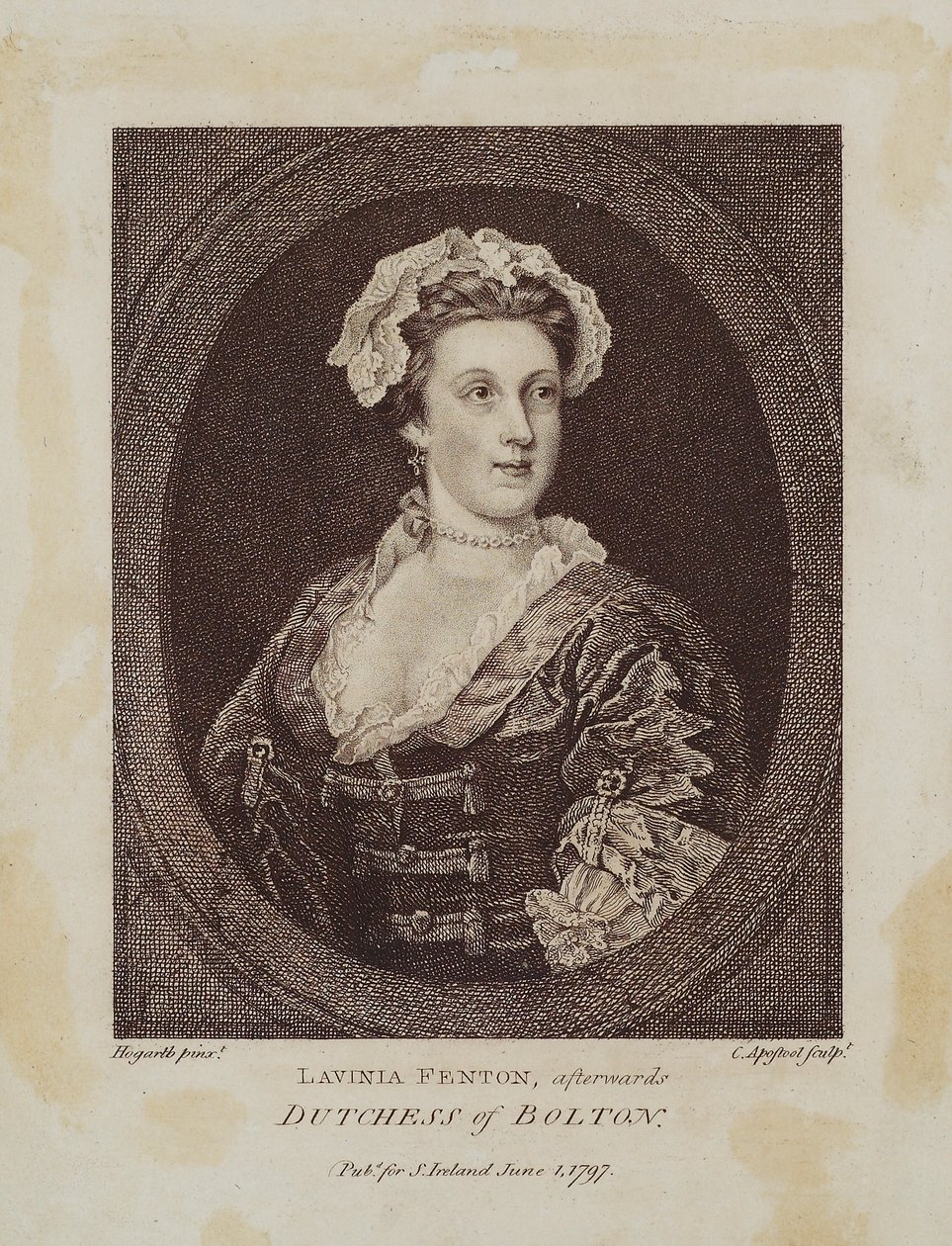 Lavinia Fenton, myöhemmin Boltonin herttuatar, kaiverrus Cornelius Apostool (1762-1844), 1797 (pistekaiverrus) tekijältä William Hogarth