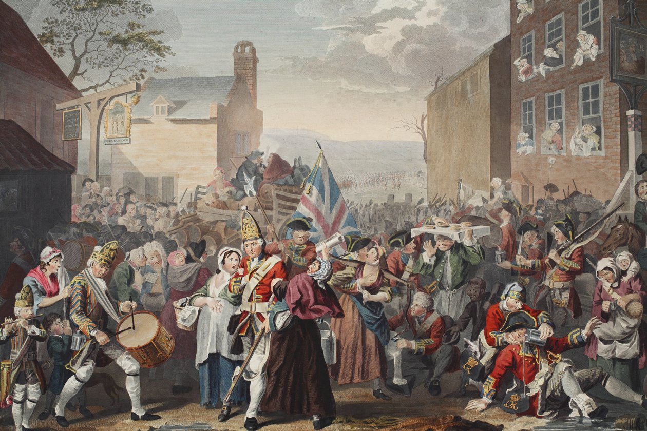 Vartijoiden marssi Finchleyyn, kuvitus julkaisusta "Hogarth Restored: The Whole Works of kuuluisan William Hogarthin, uudelleenkaiverrettu Thomas Cook", pub. 1812 (käsinvärinen kaiverrus) tekijältä William Hogarth