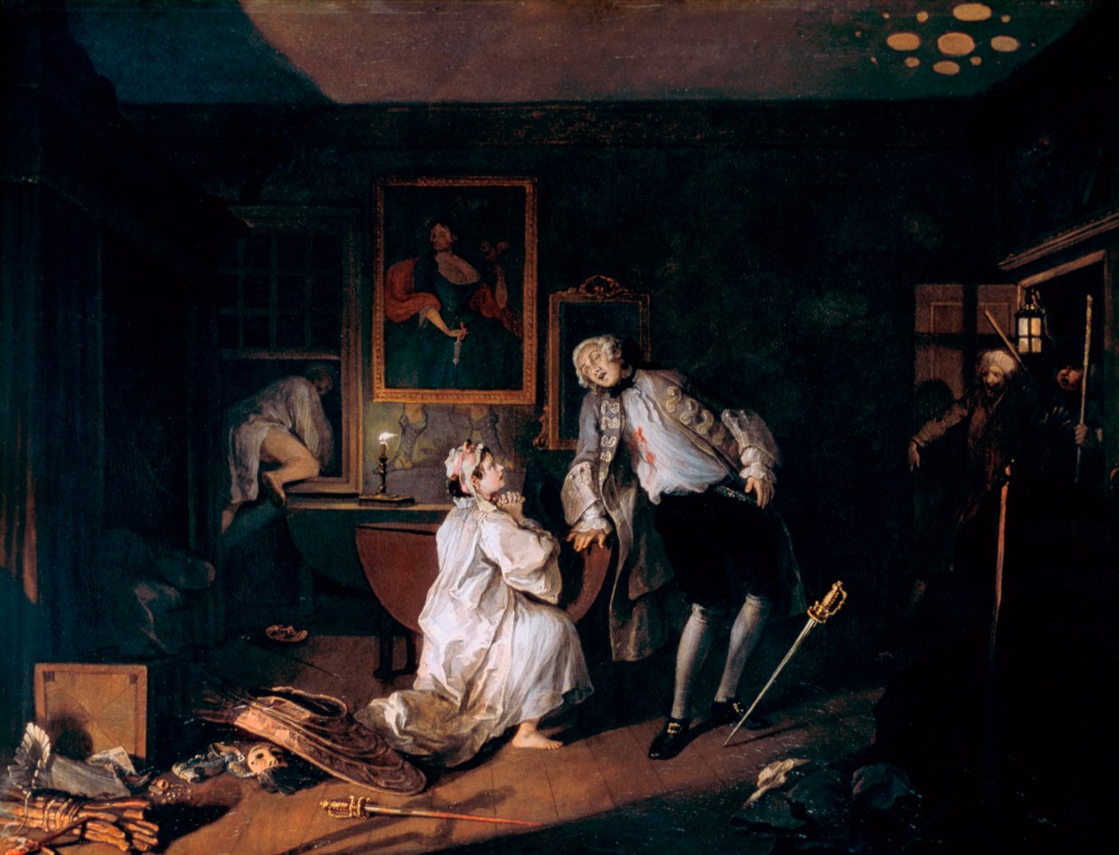 Avioliitto A-la-Mode: 5. Bagnio, n. 1743 tekijältä William Hogarth