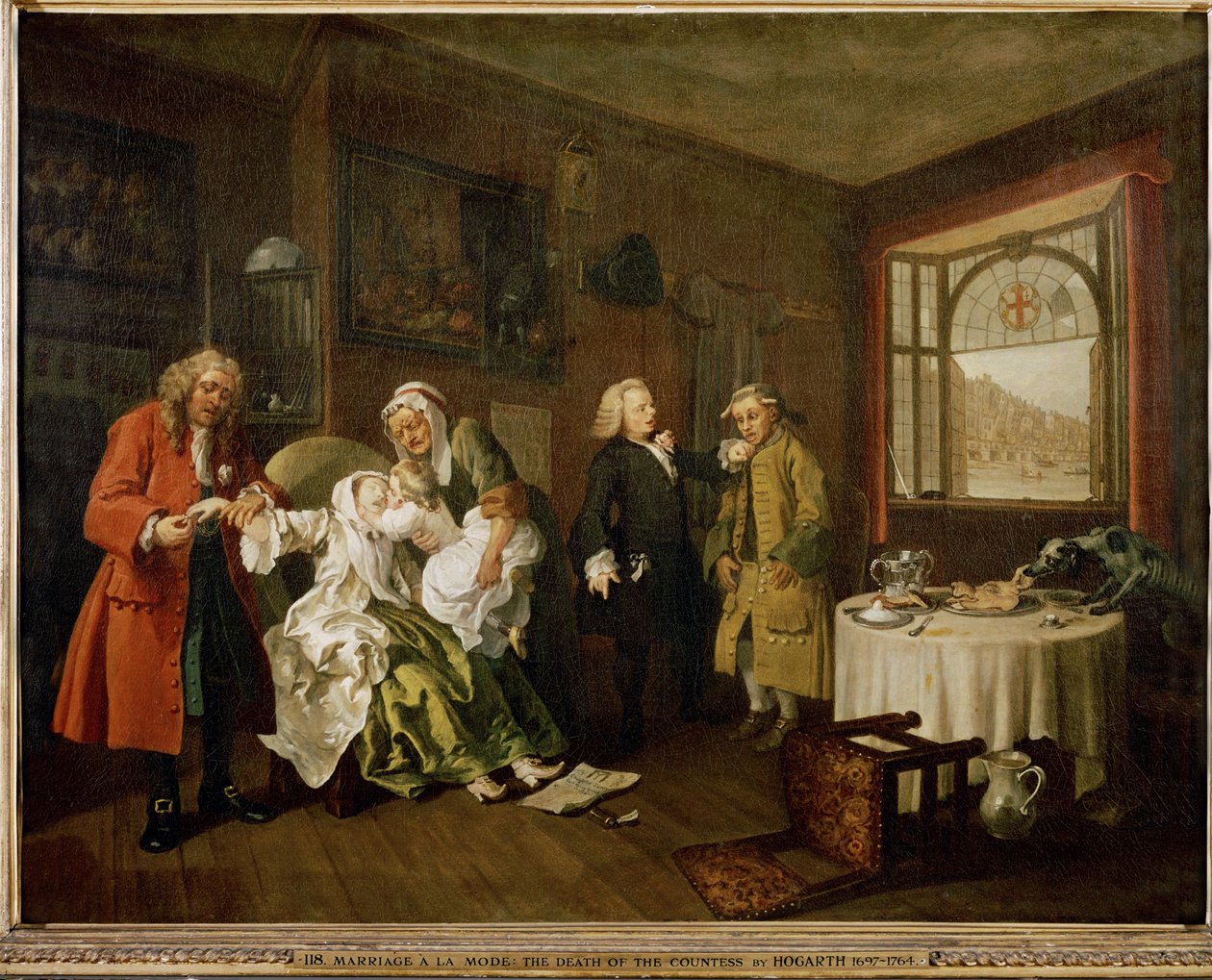 Avioliitto A-la-Mode: 6. Naisen kuolema (öljy kankaalle). tekijältä William Hogarth
