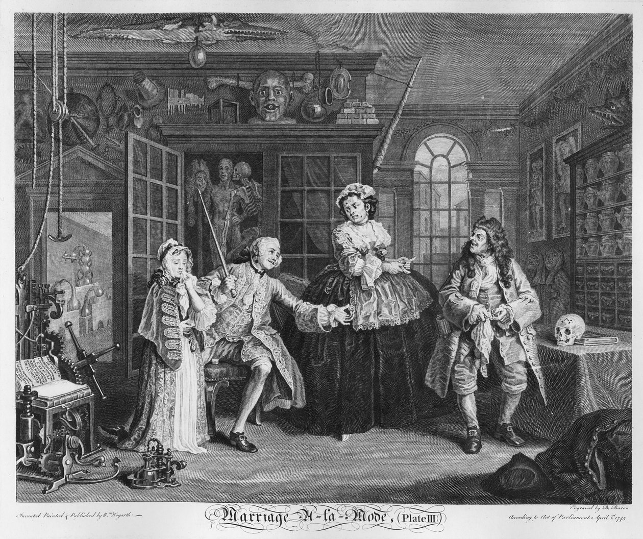 Avioliitto a la Mode, levy III, tarkastus, 1745 tekijältä William Hogarth