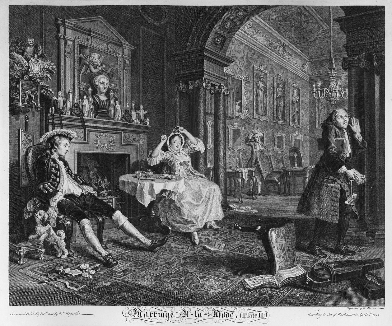 Avioliitto a la Mode, levy II, The Tete a Tete, 1745 tekijältä William Hogarth