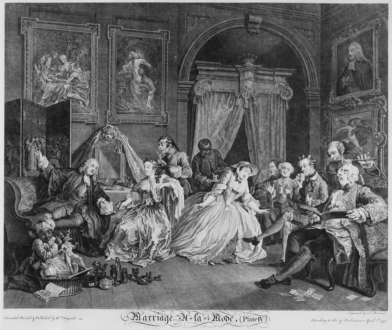 Avioliitto a la Mode, Plate IV, The Toilette, 1745 tekijältä William Hogarth