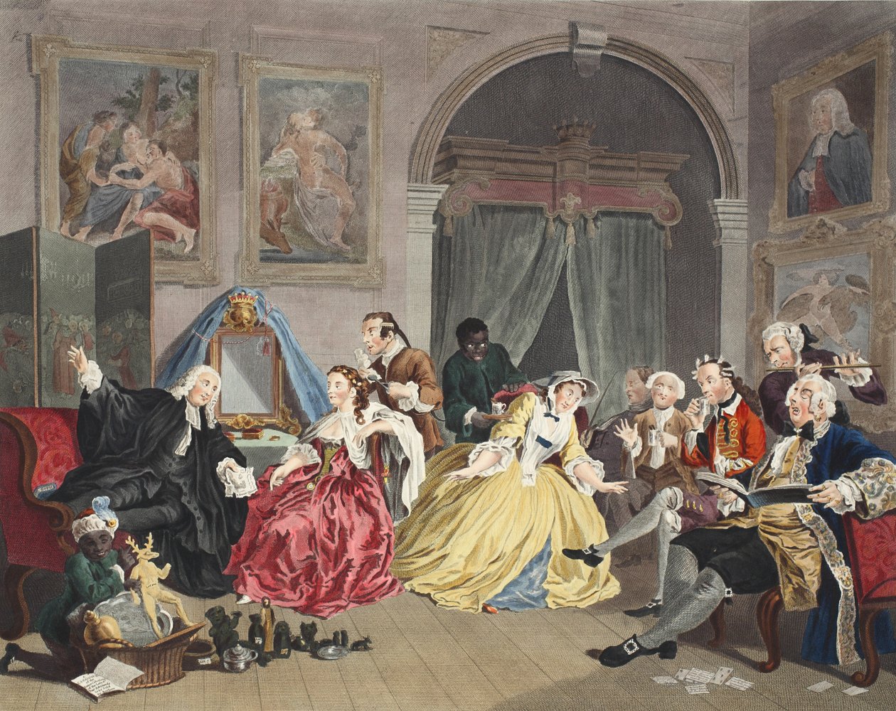 Marriage a la Mode, Plate IV, The Toilette, kuvitus teoksesta "Hogarth Restored: The Whole Works of the Tunnelmallisen William Hogarthin, uudelleenkaiverrettu Thomas Cook", pub. 1812 (käsinvärinen kaiverrus) tekijältä William Hogarth