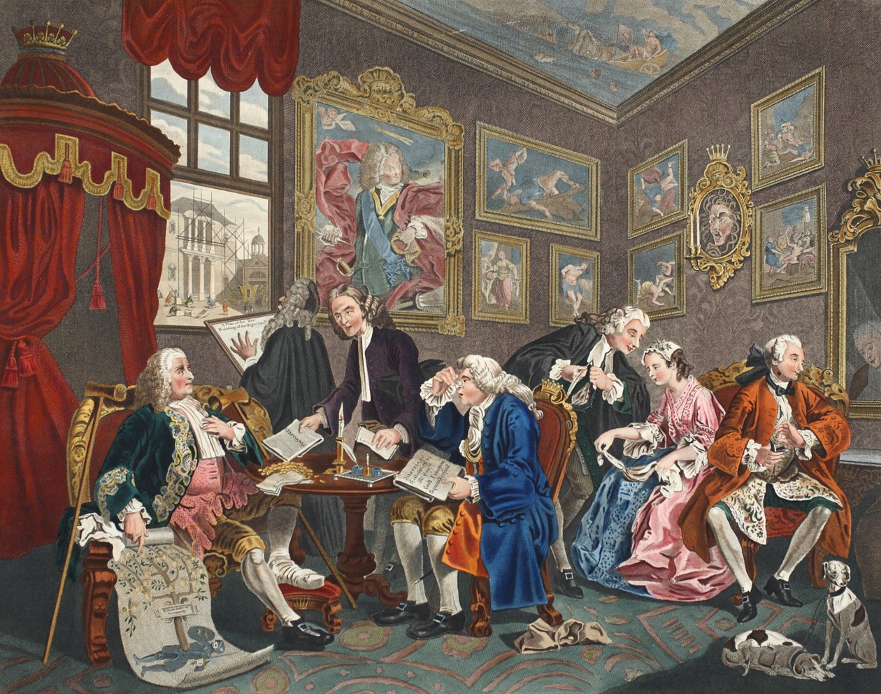 Marriage a la Mode, levy I, The Marriage Settlement, kuvitus teoksesta "Hogarth Restored: The Whole Works of the Familled William Hogarth, re-engraved by Thomas Cook", pub. 1812 (käsinvärjätty kuvitus). tekijältä William Hogarth