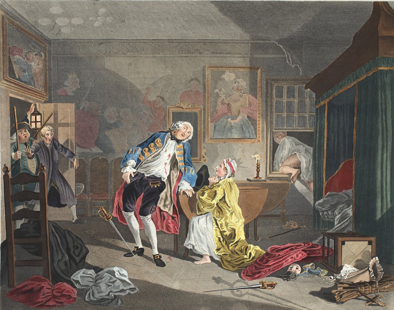 Avioliitto a la Mode, Levy V, Bagnio, kuvitus teoksesta "Hogarth Restored: The Whole Works of the kuuluisan William Hogarthin, uudelleenkaiverrettu Thomas Cook", pub. 1812 (käsinvärinen kaiverrus) tekijältä William Hogarth