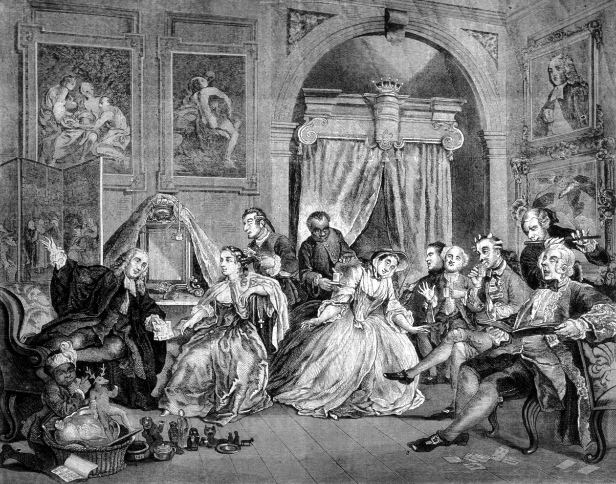 Marriage in Fashion (Marriage in Fashion): 6 satiirisen taulun sarja varakkaiden ihmisten häistä. Nosta hänet ylös. Kaiverrus William Hogarth (1697 - 1764). 1745. tekijältä William Hogarth