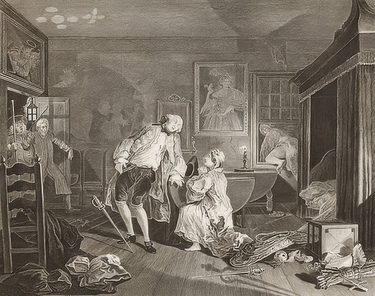 Marriage à la Mode / Avioliitto muodin mukaan. Arkki 5: Bagnio / Kreivi kaatuu kaksintaistelussa. 1745 tekijältä William Hogarth
