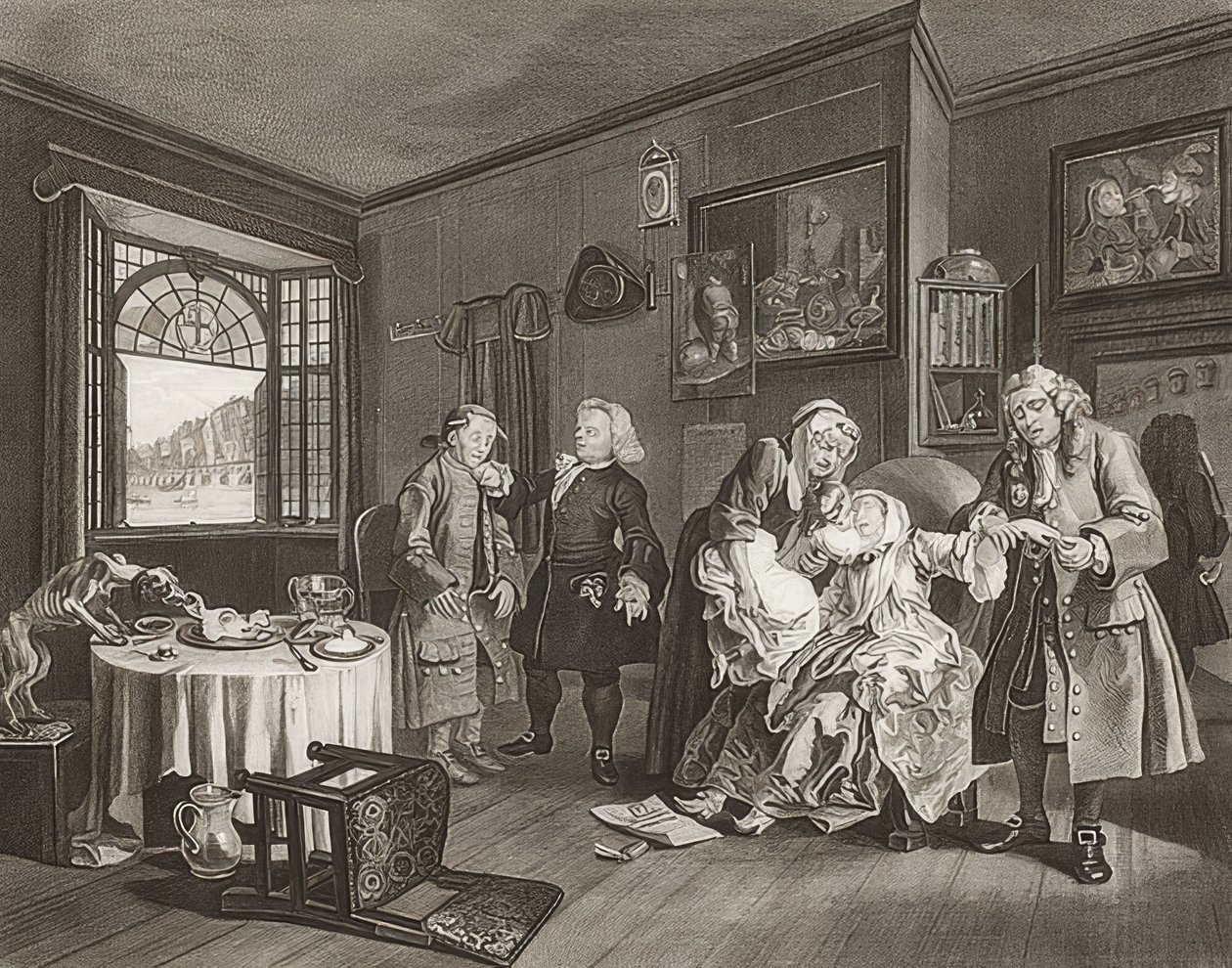 Marriage à la Mode / Avioliitto muodin mukaan. Arkki 6: Naisen kuolema / Der Selbstmord der Gräfin. 1745 tekijältä William Hogarth