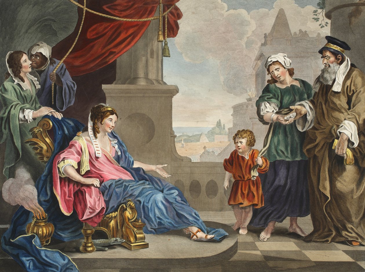 Mooses toi faraon tyttärelle, kuvituksen julkaisusta "Hogarth Restored: The Whole Works of kuuluisan William Hogarthin, uudelleenkaivertanut Thomas Cook", pub. 1812 (käsinvärinen kaiverrus) tekijältä William Hogarth