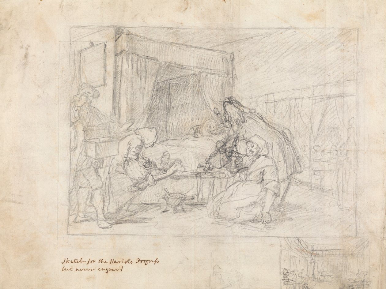 Operaatiokohtaus sairaalassa ja sivuluonnokset marginaalissa oikeassa alakulmassa tekijältä William Hogarth