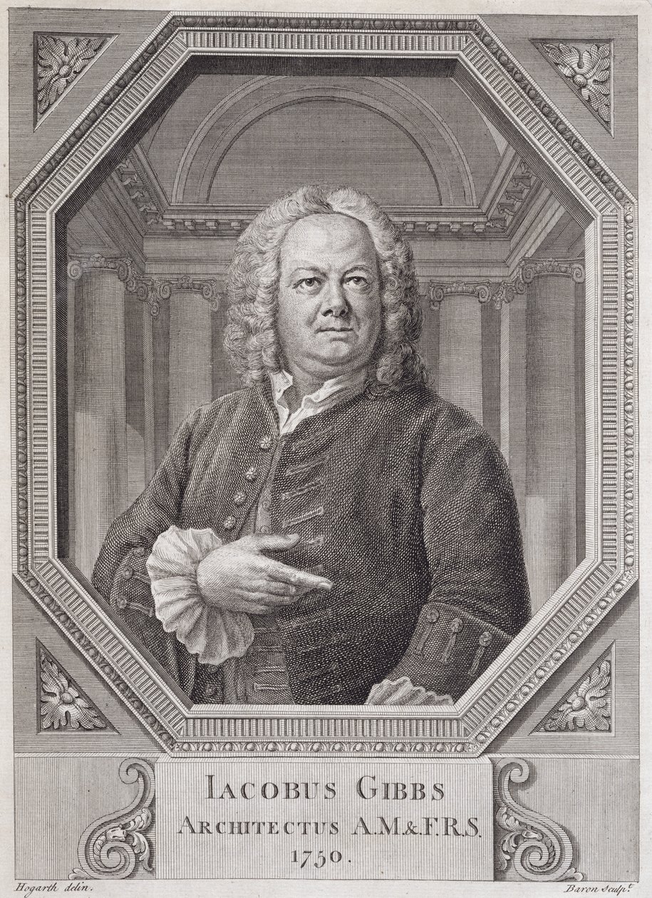 Muotokuva James Gibbsistä (1682-1754) kirjasta "Plans, Sections and Elevations of the Radcliffe Library", kaiverrus Bernard Baron (1696-n.1766) 1750 tekijältä William Hogarth
