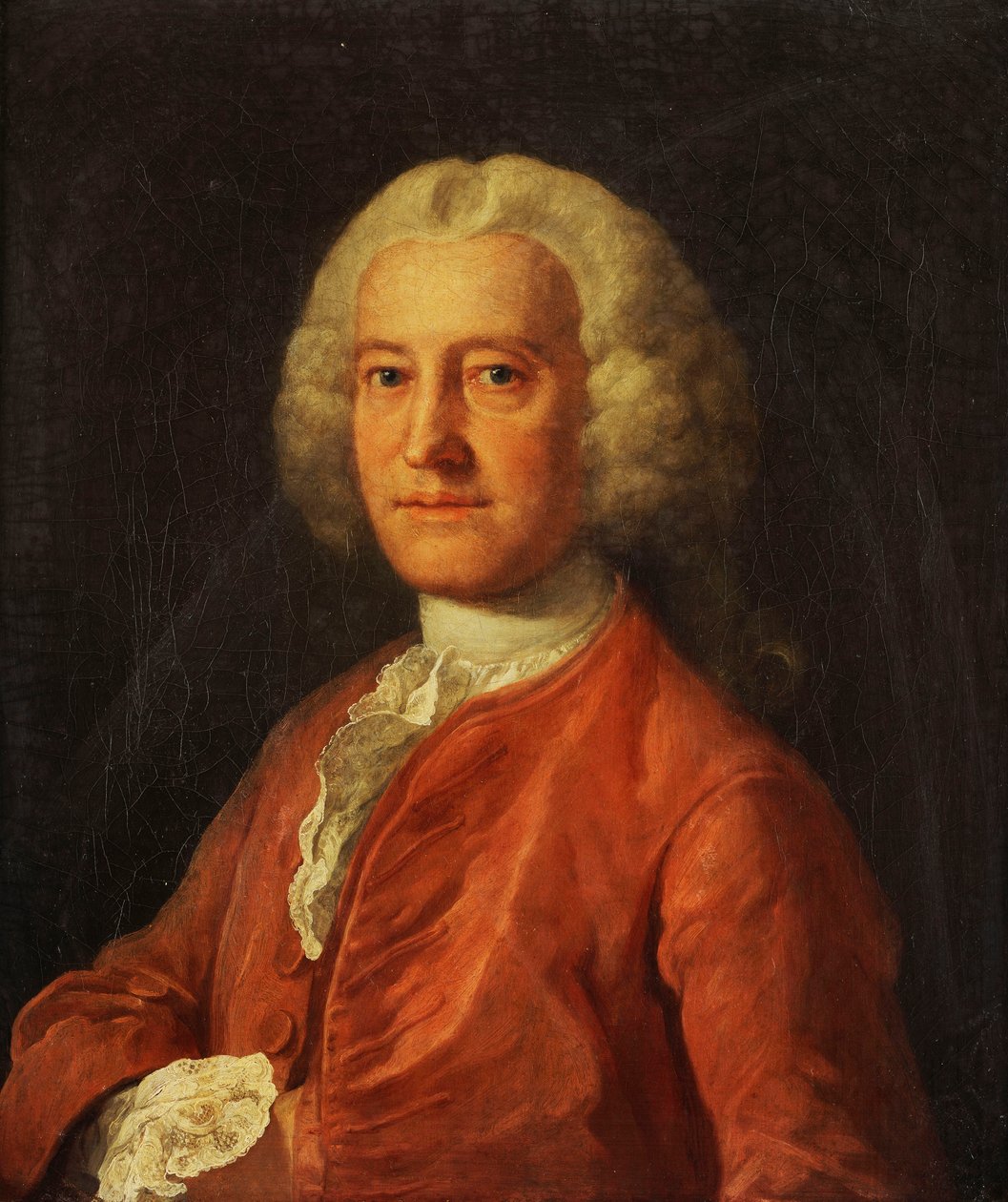 Muotokuva Samuel Martinista, rinnan pituus, vaaleanpunainen takki, valkoinen paita ja pitsireunainen valkoinen paita, oikea kätensä työnnettynä takkiinsa, n. 1763 tekijältä William Hogarth