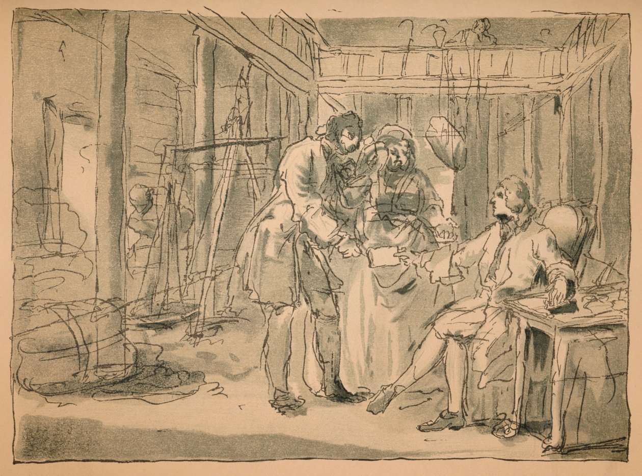 Hylätty luonnos teoksesta Teollisuus ja tyhjäkäynti, 1747 tekijältä William Hogarth
