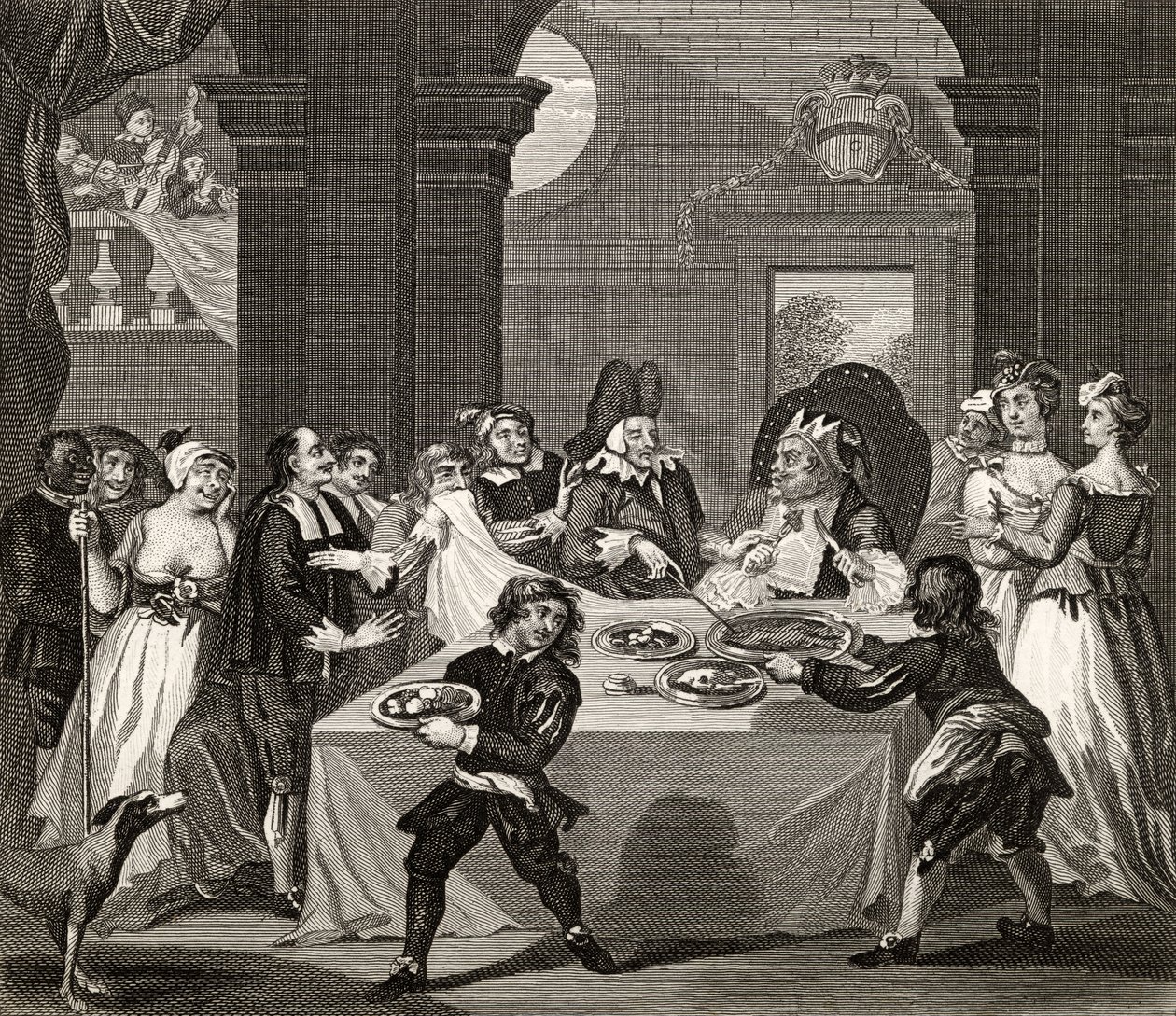 Sancho at the Feast, jonka hänen lääkärinsä nälkäisi, teoksesta The Works of Hogarth, julkaistu 1833 tekijältä William Hogarth