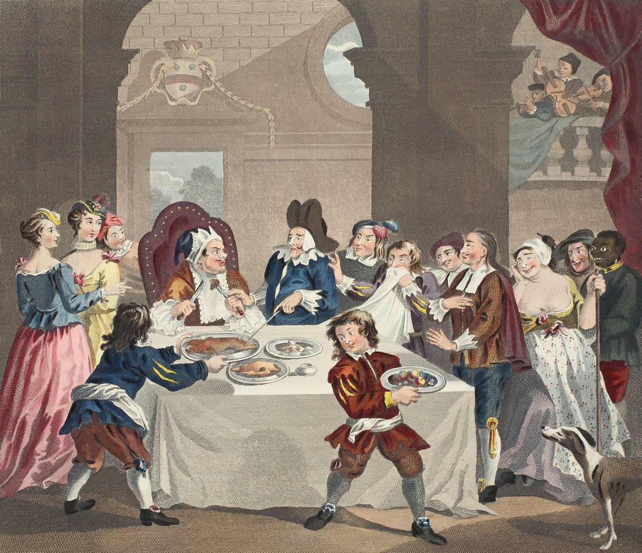 Sancho at the Feast Starved by hänen Physician, kuvitus julkaisusta "Hogarth Restored: The Whole Works of kuuluisan William Hogarthin, uudelleenkaiverrettu Thomas Cook", pub. 1812 (käsinvärinen kaiverrus) tekijältä William Hogarth